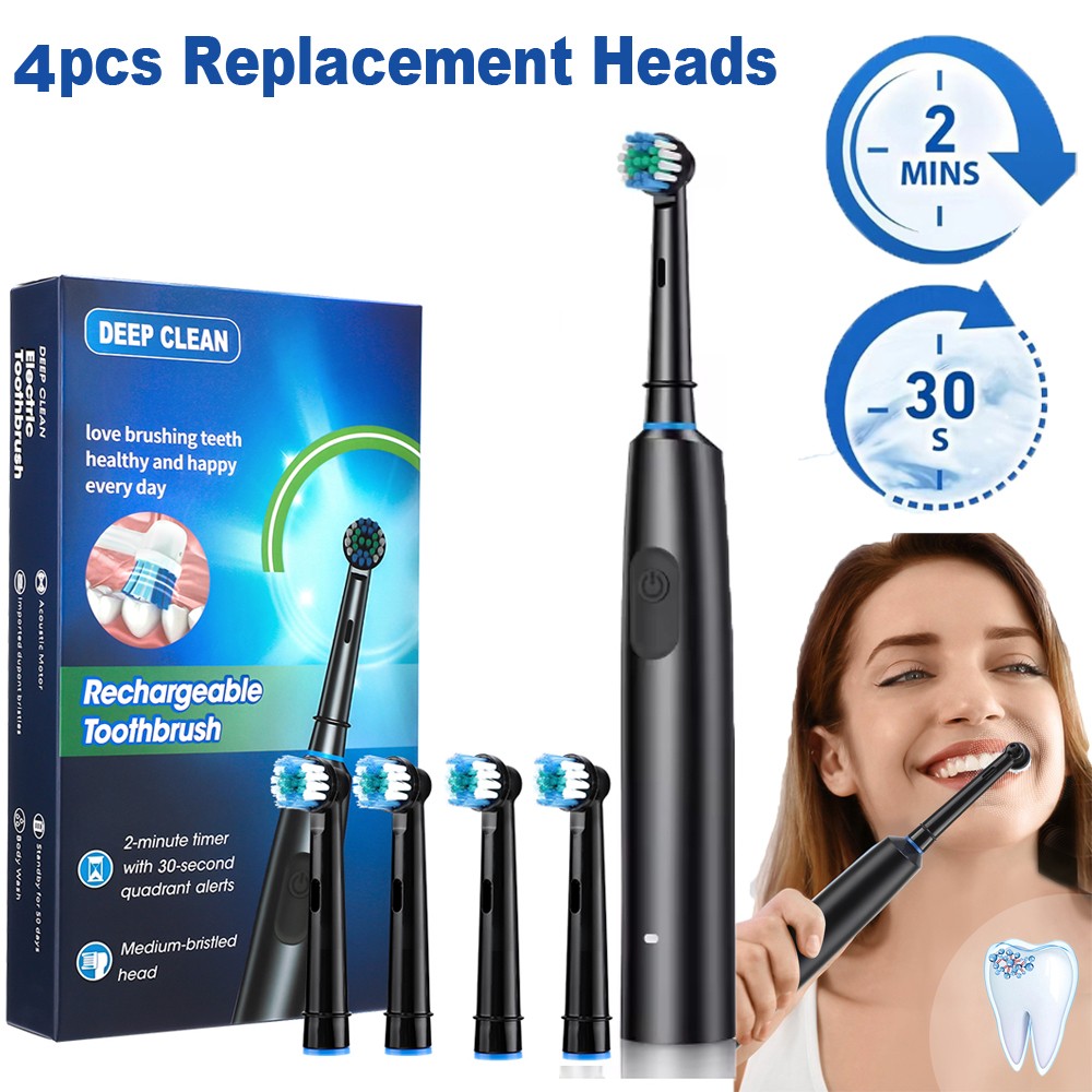 Rechargeable Electric Toothbrush with 4 Brush Heads, 5 Modes, Timer & USB