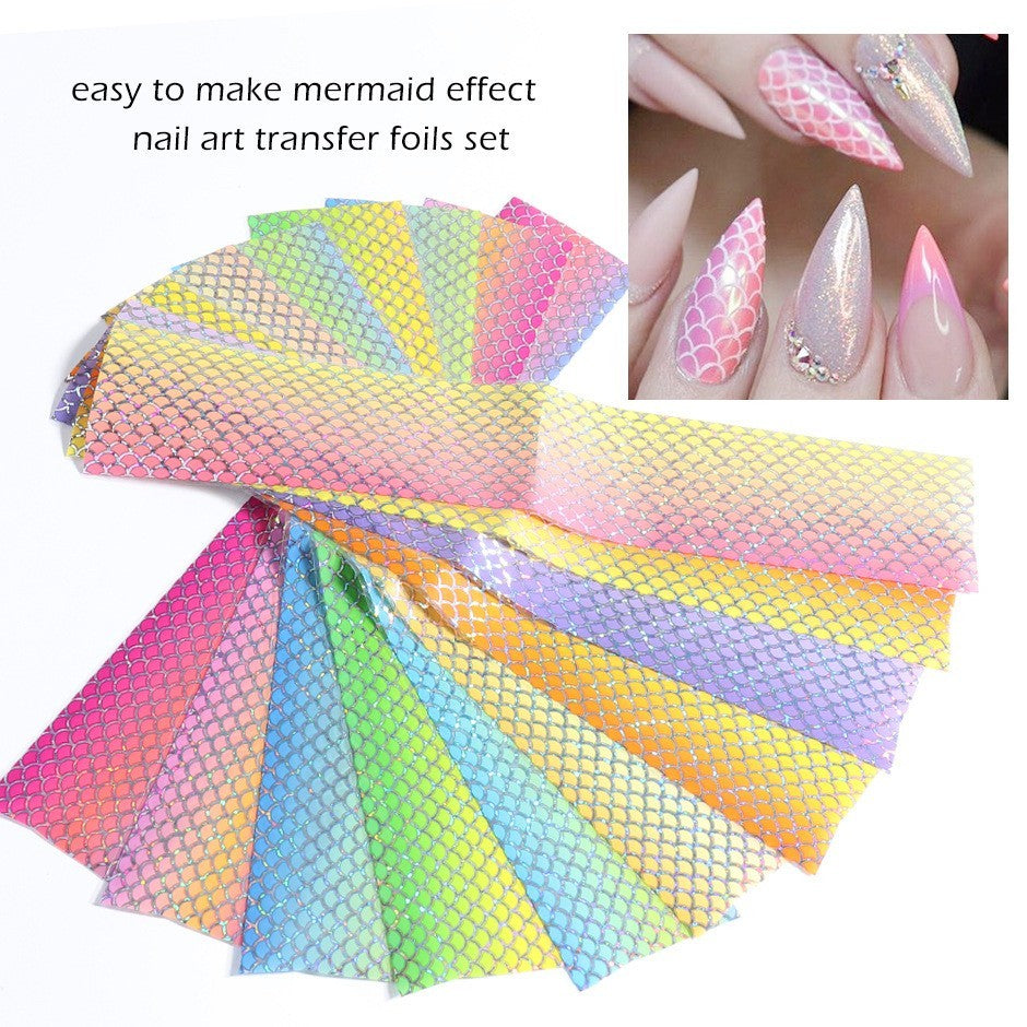 Holographic Fish Scales Nail Art Foils Transfer Stickers - Mermaid Laser Design, 10 Pcs