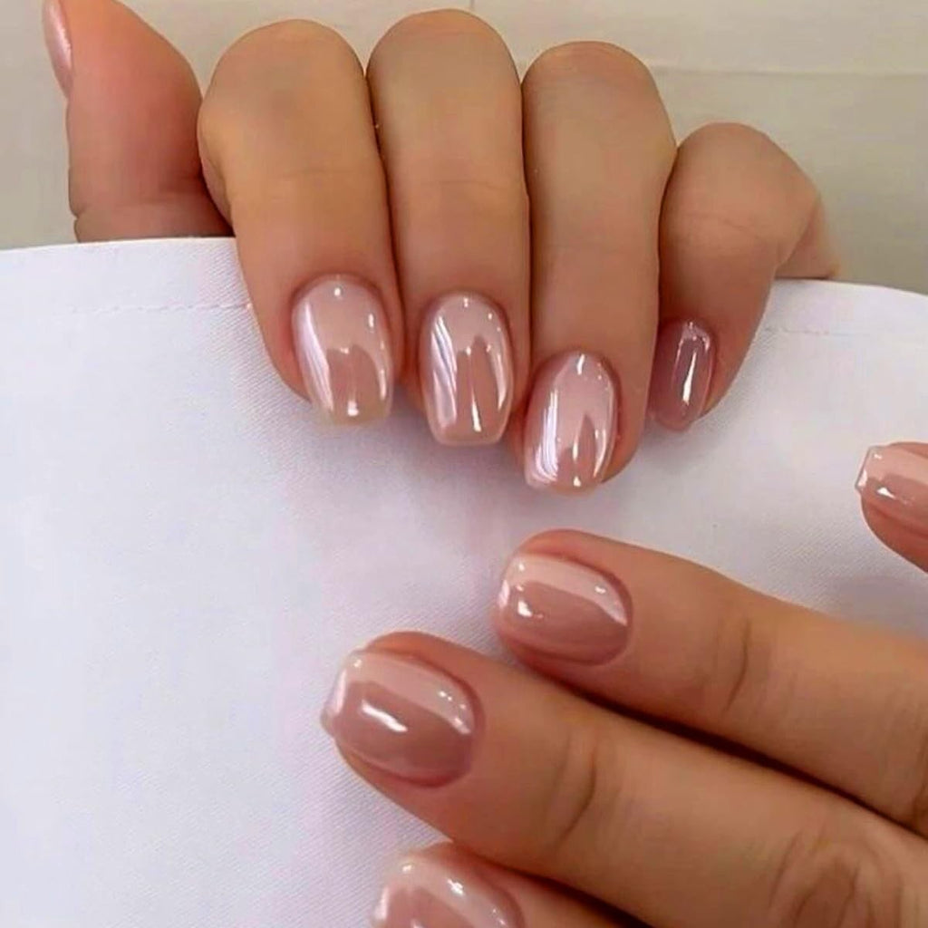 Short Nude Press On Nails with Chrome Finish - Pack of 24, Square Peach
