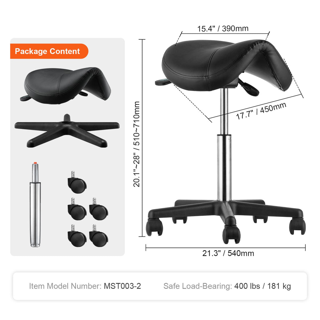 Ergonomic Saddle Stool with Wheels - Adjustable Height PU Leather Seat