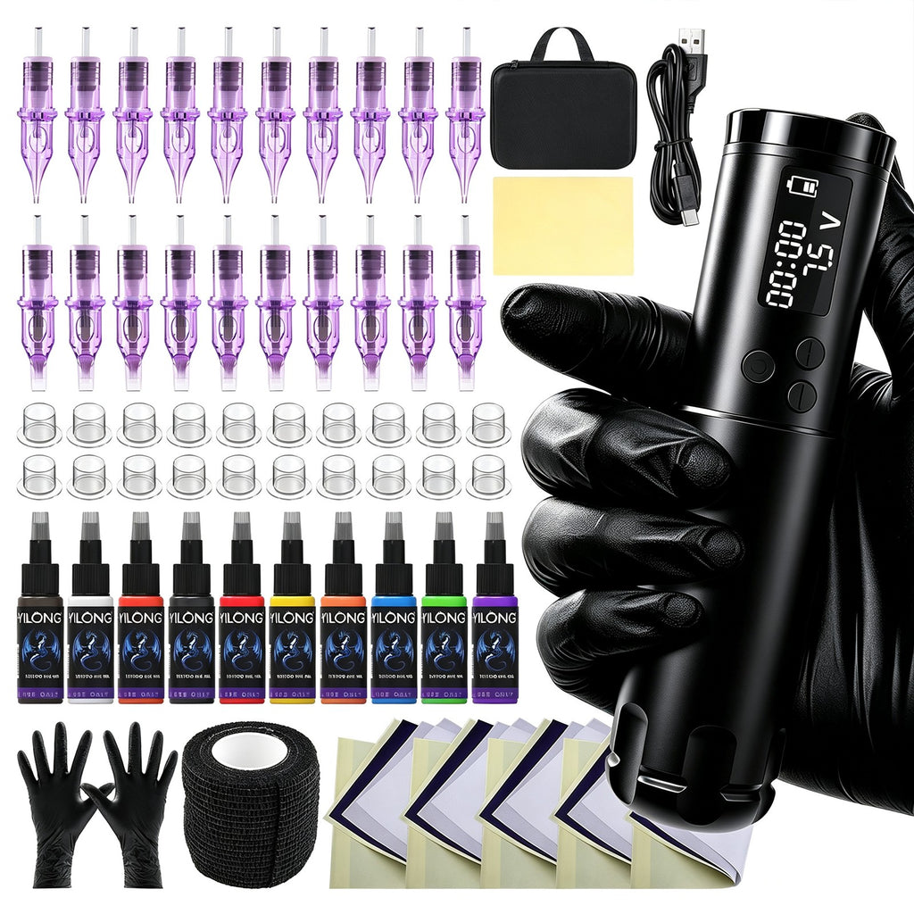 Wireless Rotary Tattoo Pen Kit with 20 Cartridges, 1300mAh Battery