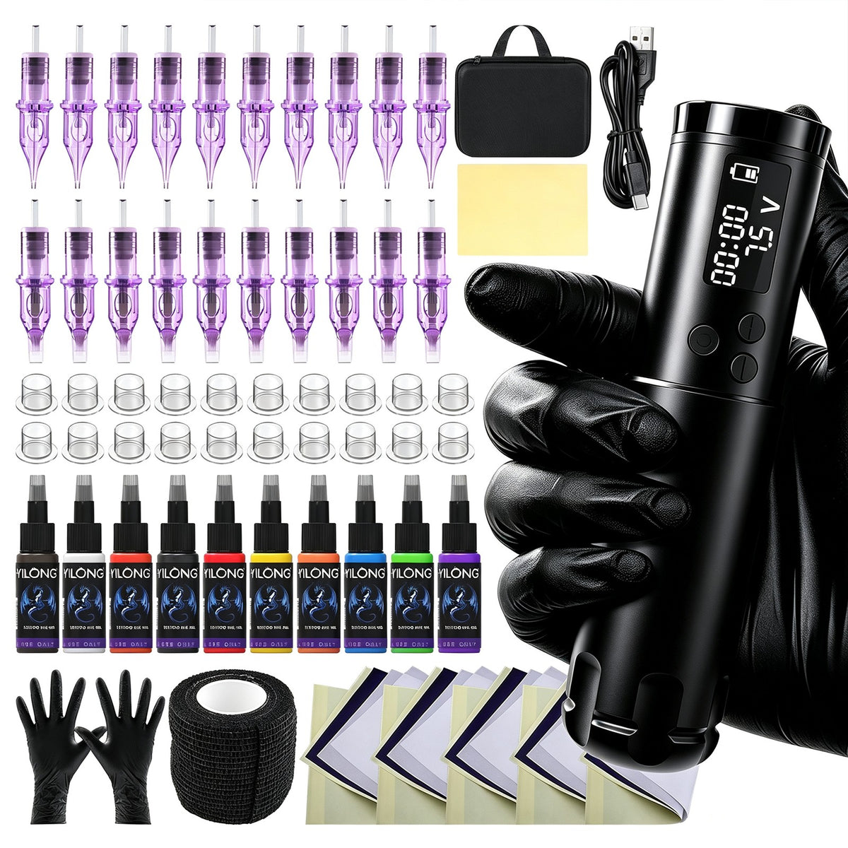 Wireless Rotary Tattoo Pen Kit with 20 Cartridges, 1300mAh Battery