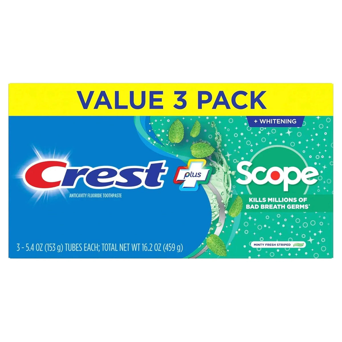 Whitening Toothpaste Pack of 3 - Fluoride Anticavity Mint Fresh Breath
