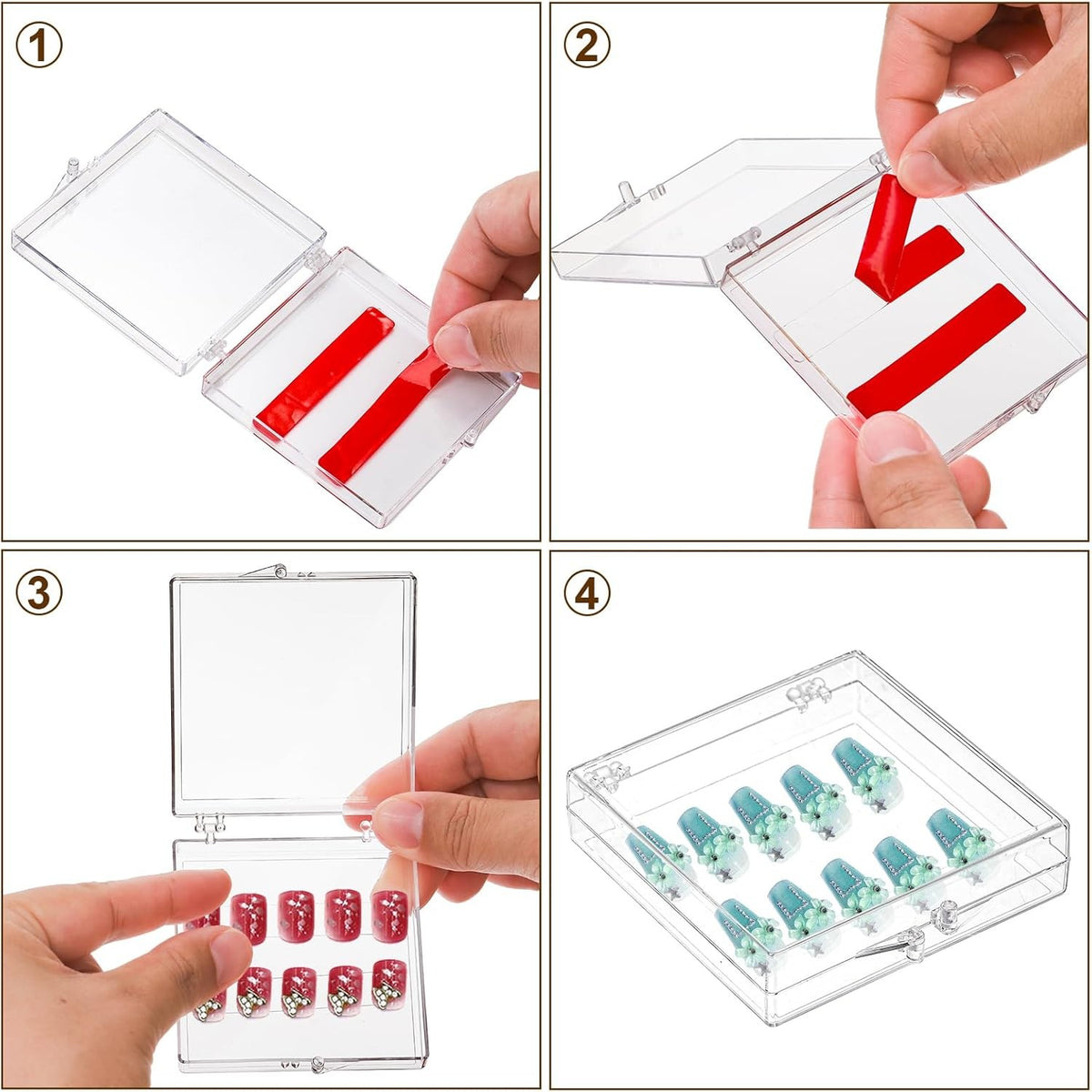 Clear Acrylic Press On Nails Storage Box with Adhesive Tape - Salon Use