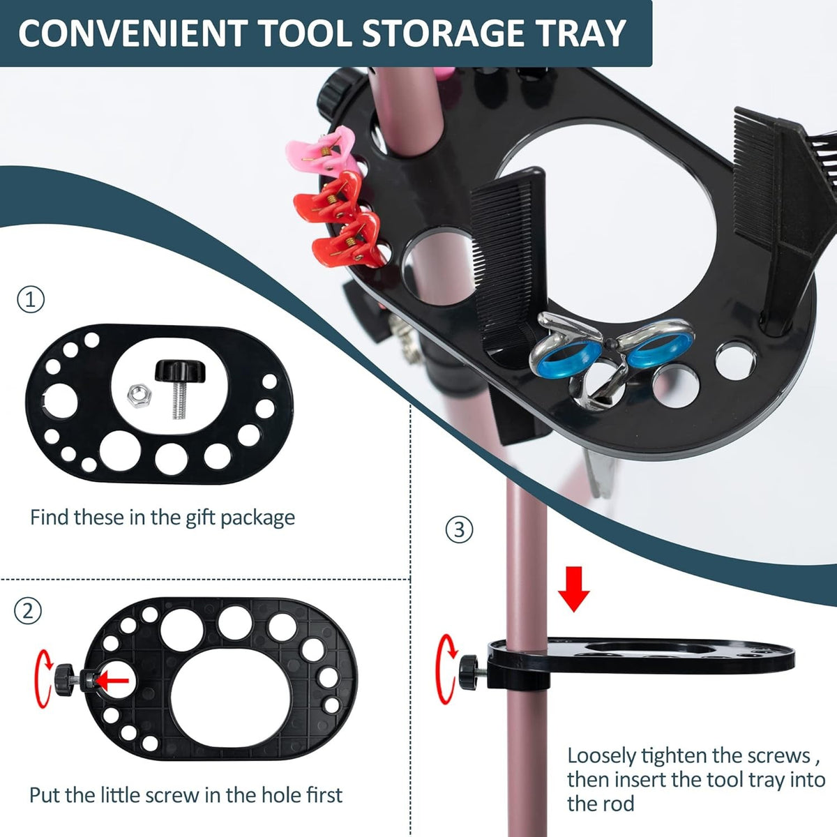 Adjustable Metal Wig Stand Tripod Mannequin Head Holder with Tool Tray - Black & Rose Gold