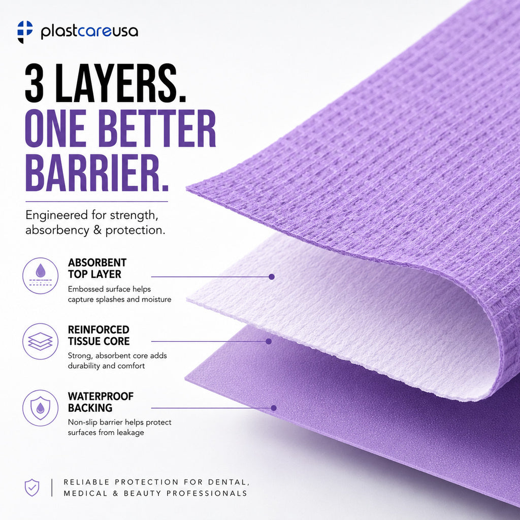 Purple Disposable Dental Bibs 1000 Pack - Waterproof Paper Covers for Tray, Chair & Bed Protection