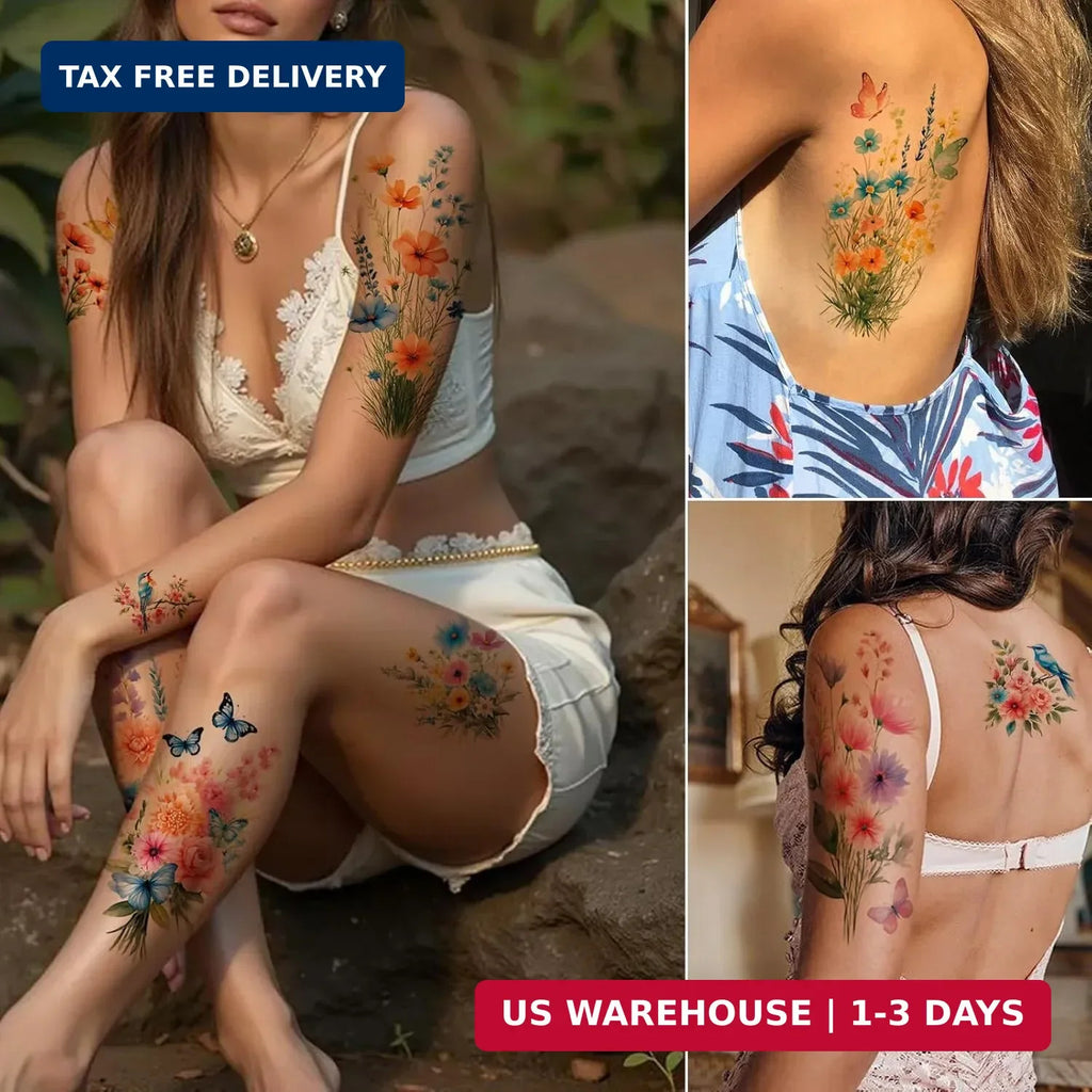 Watercolor Flower Temporary Tattoos for Women — 24 Large & Small Floral Stickers