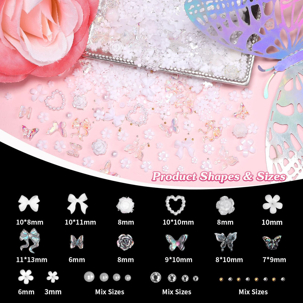 White Flower Nail Charms Set - 1000 Pcs 3D Tiny Flower & Mixed Nail Art Decorations