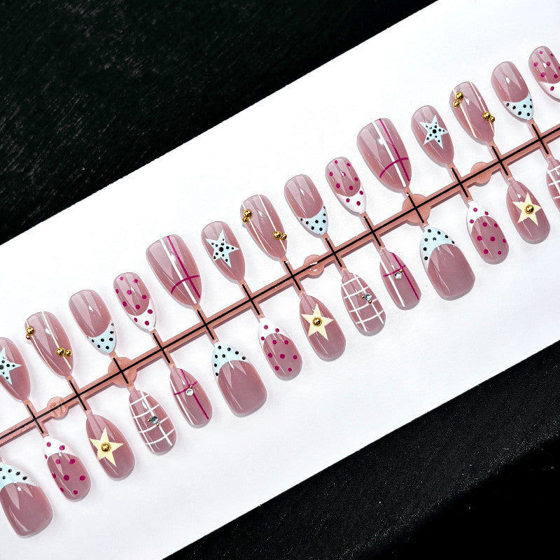 Press On Nails Set for Nail Art - 60 Pink White Grid Rhinestones Glossy Almond Shape