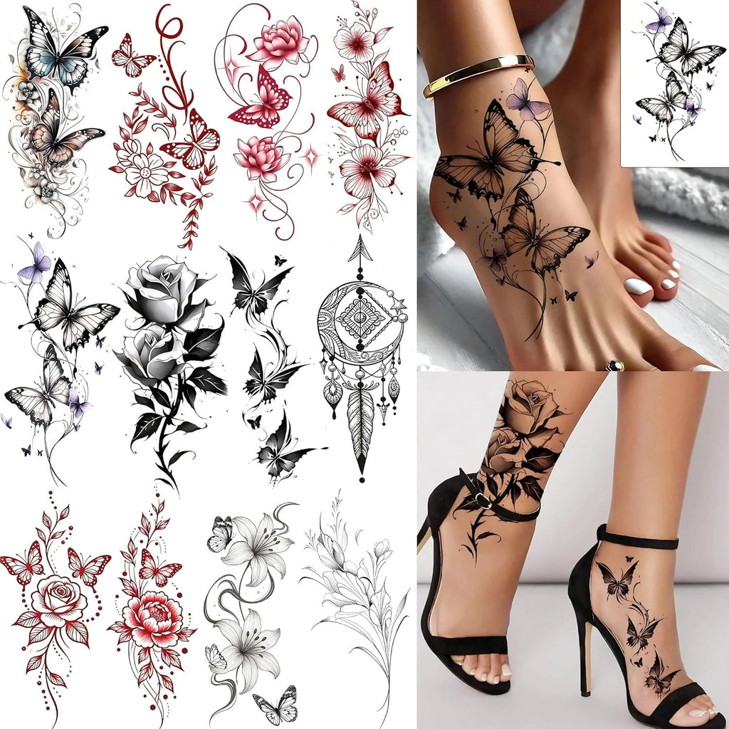 Temporary Tattoos for Women - 12 Sheets Floral Butterfly Rose Flower Designs