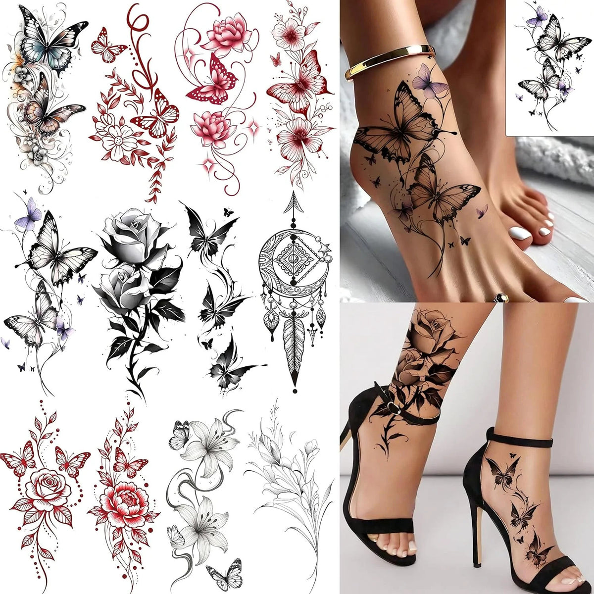 Temporary Tattoos for Women - 12 Sheets Floral Butterfly Rose Flower Designs