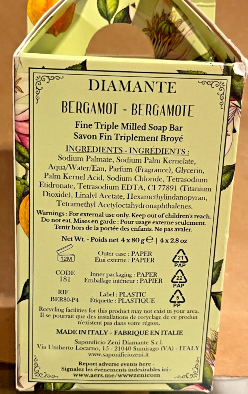 Bergamot Scented Round Handmade Soap Set - 4 x 80g, Italy