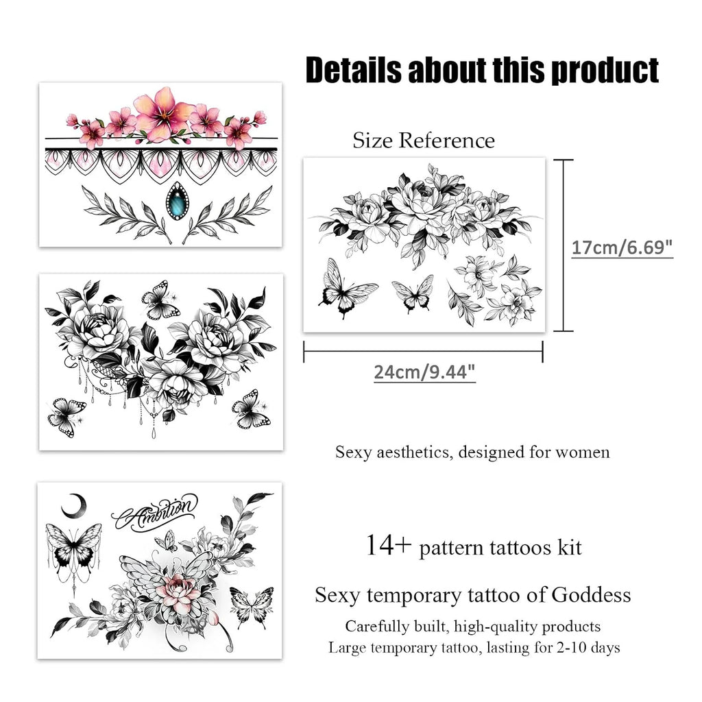 Women Temporary Tattoo Set - 3D Realistic Flower & Butterfly Designs