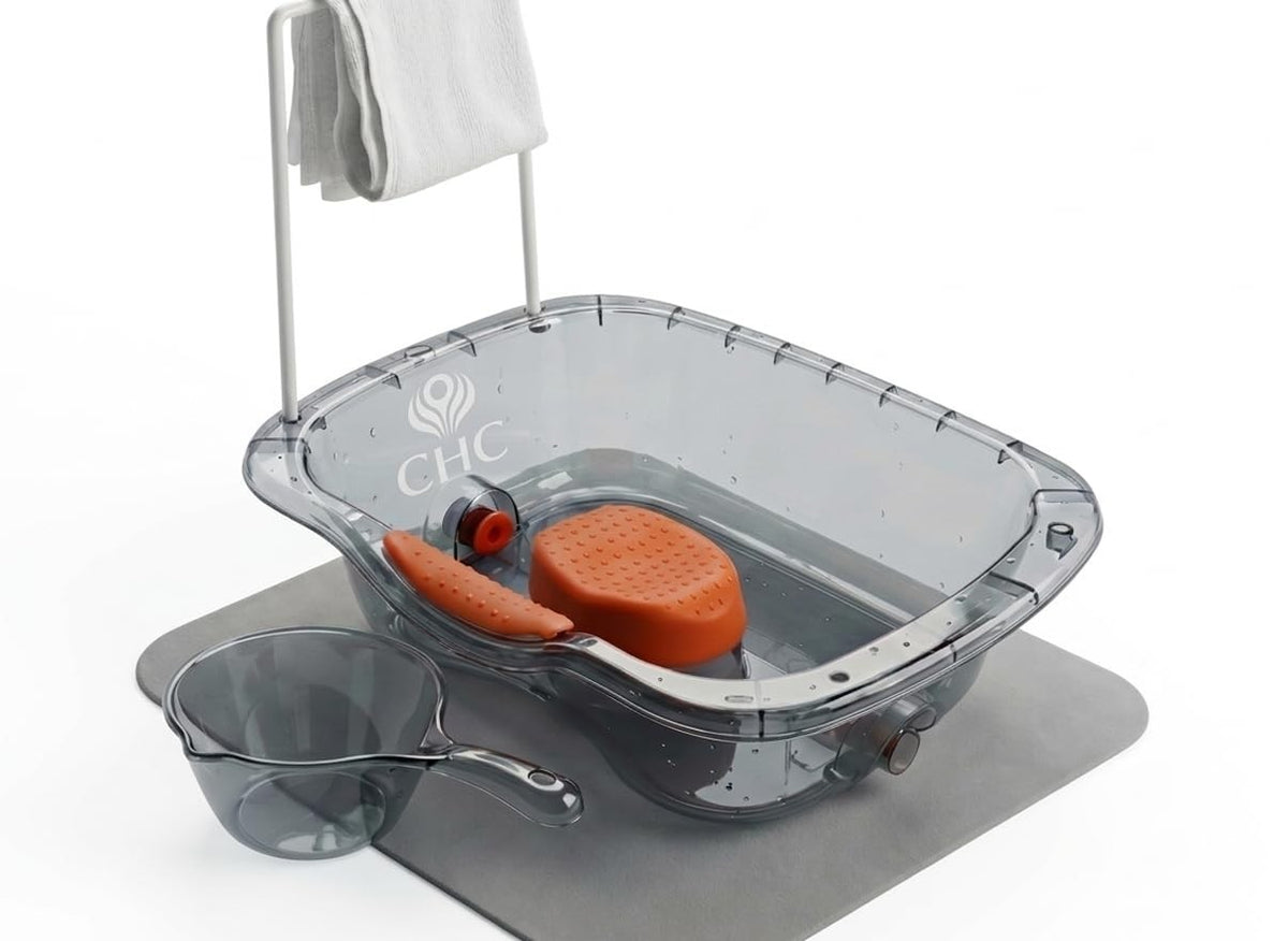 Portable Hair Washing Basin with Waterproof Mat & Towel Hanger for Bedside Care