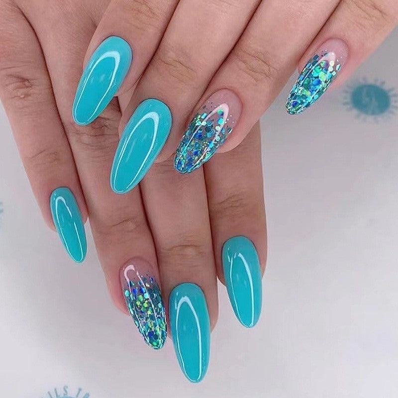 72PCS Summer Vibe Press-On Nails Almond Style with Turquoise & Glitter