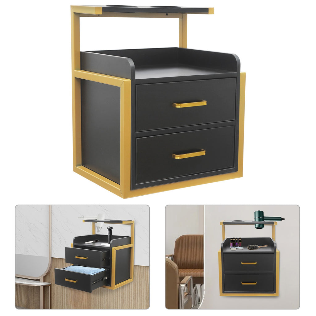 Wall-Mounted Salon Storage Cabinet with 2 Drawers & Hair Dryer Holder