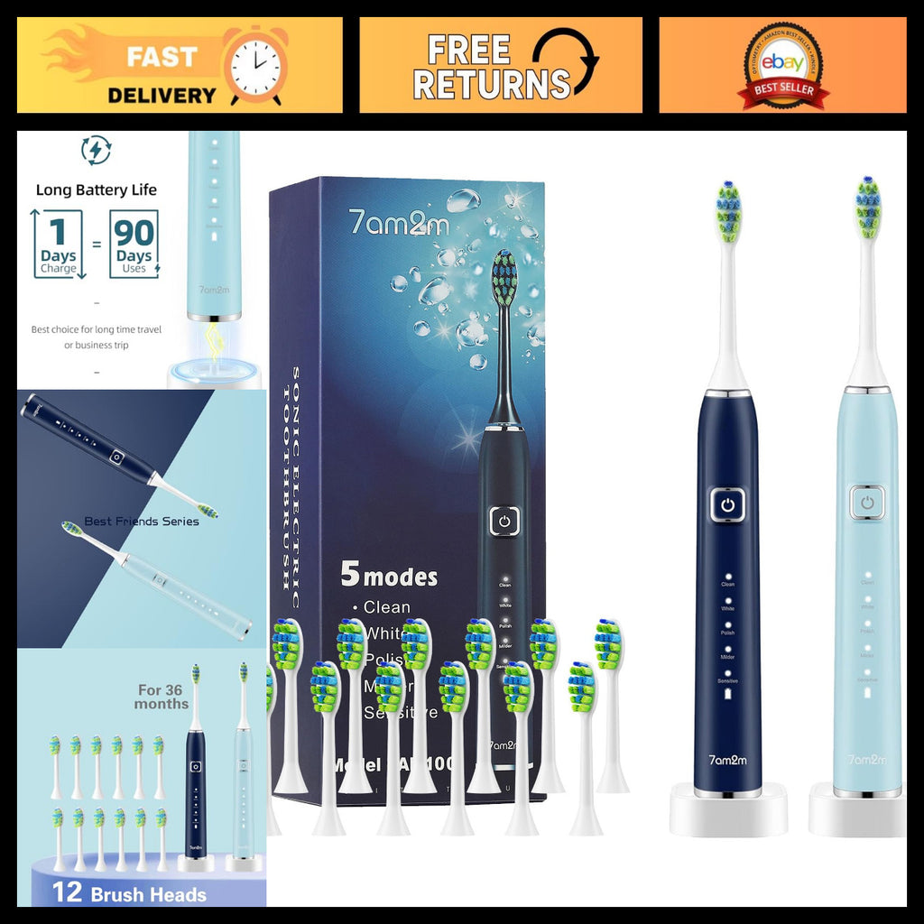 Electric Sonic Toothbrush Set for Adults & Kids - 12 Brush Heads, 2 Pack