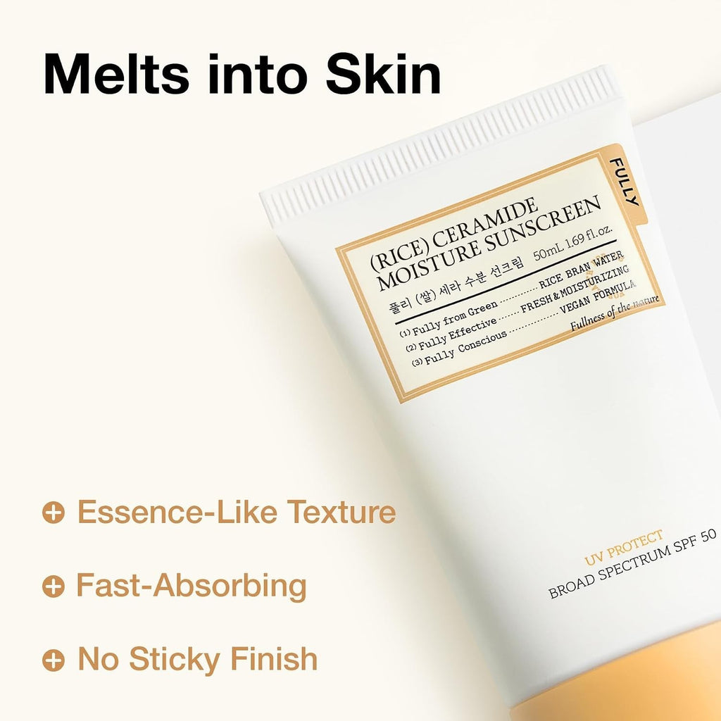 Korean SPF 50 Rice Ceramide Sunscreen for All Skin Types - Hydrating, No White Cast, Lightweight