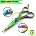 Rainbow Color Hair Cutting Shears - Offset Grip Barber Scissors with Floral Design