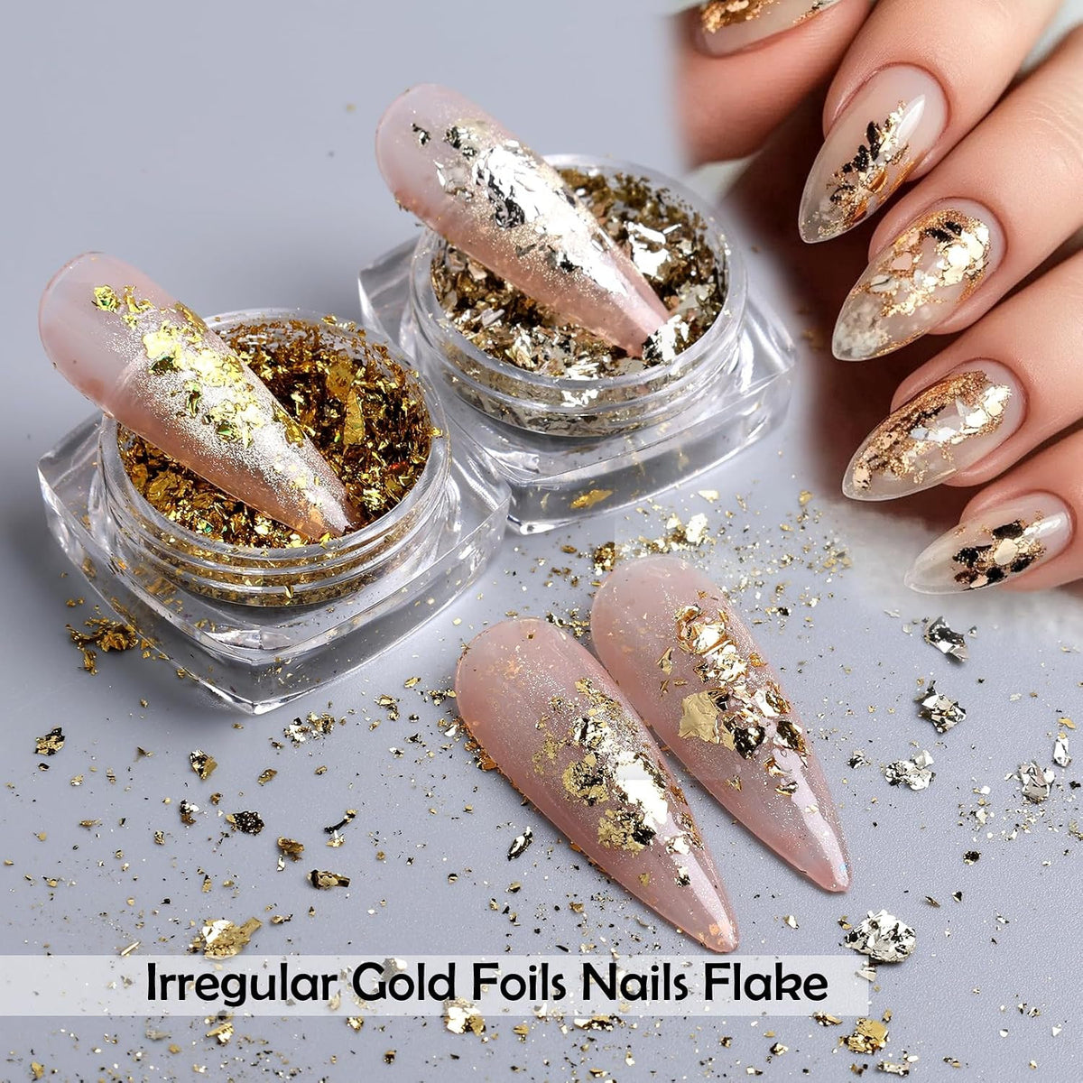 Gold Flakes Nail Glitter Foils Set - Metallic Gold Silver Black Rose Gold for Nail Art