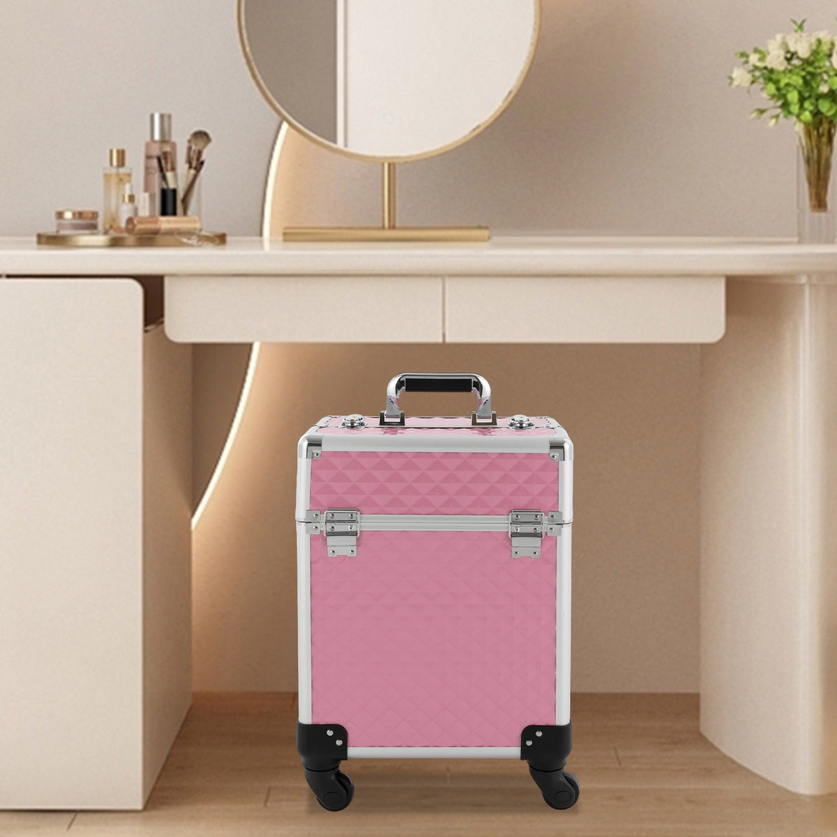 Portable Pink Makeup Train Case with Wheels - Cosmetic Storage Organizer