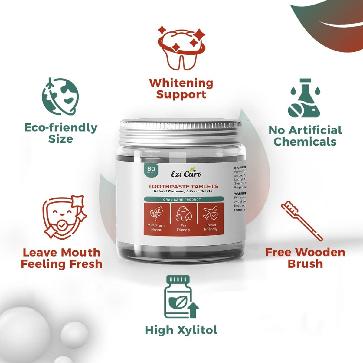 Toothpaste Tablets Natural Whitening Mint Fresh Breath Eco-Friendly 60 Count