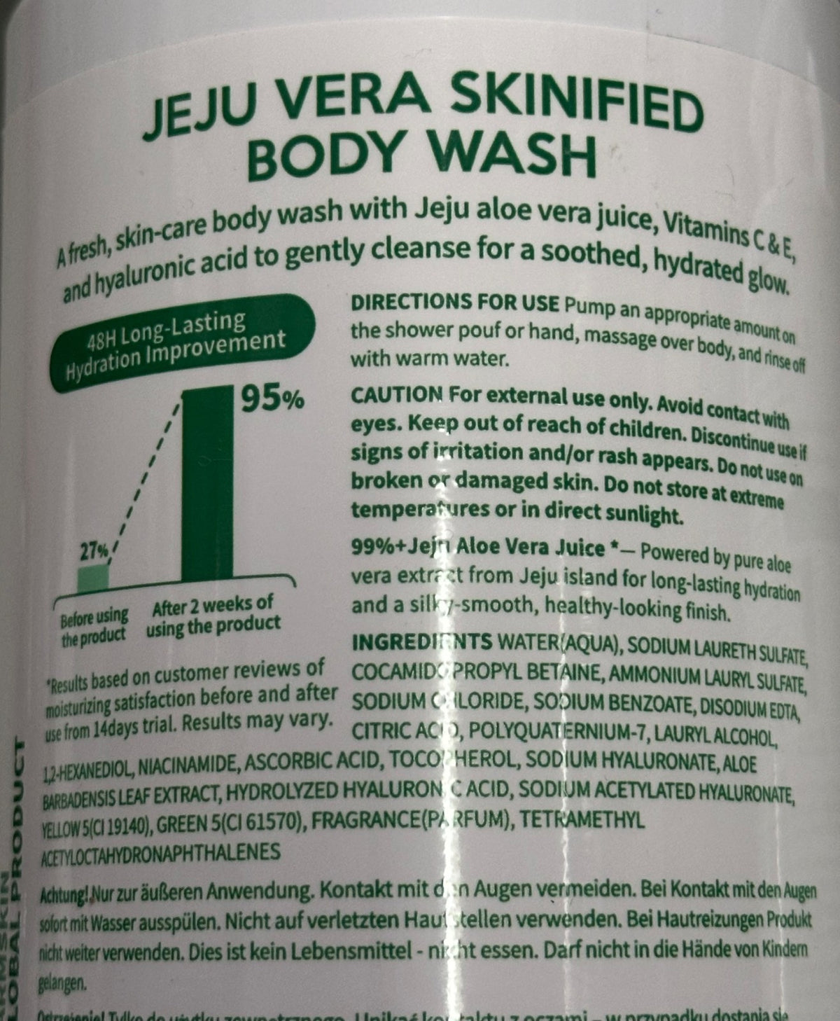Jeju Aloe Vera Body Wash with Hyaluronic Acid & Vitamins - Hydrating Korean Skin Care (2-Pack)