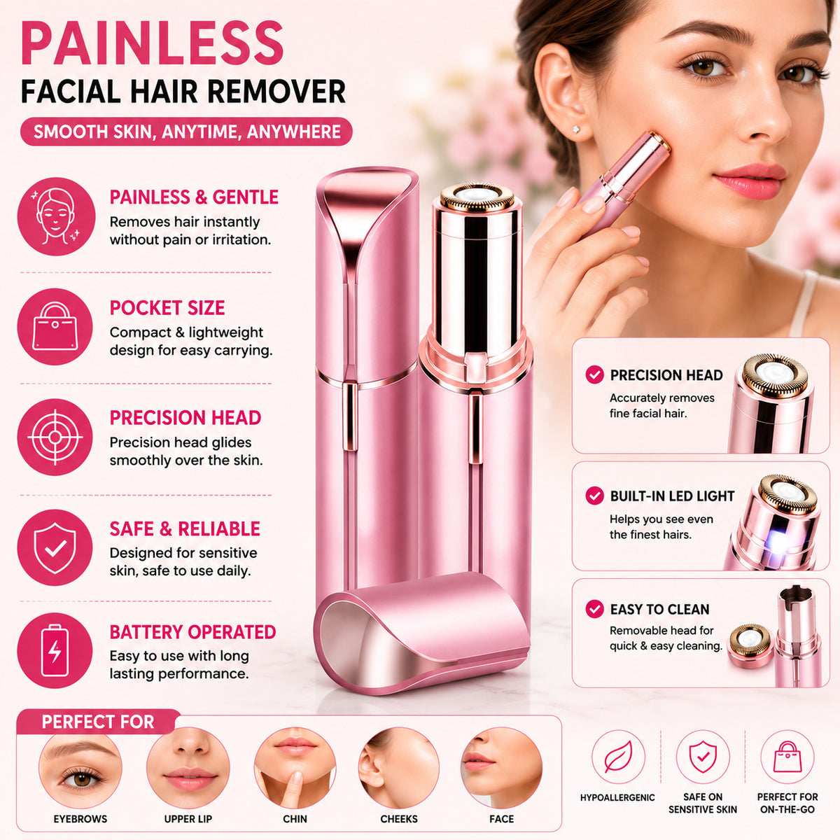 Electric Facial Hair Remover & Trimmer - Painless Lipstick-Shaped Device for Women