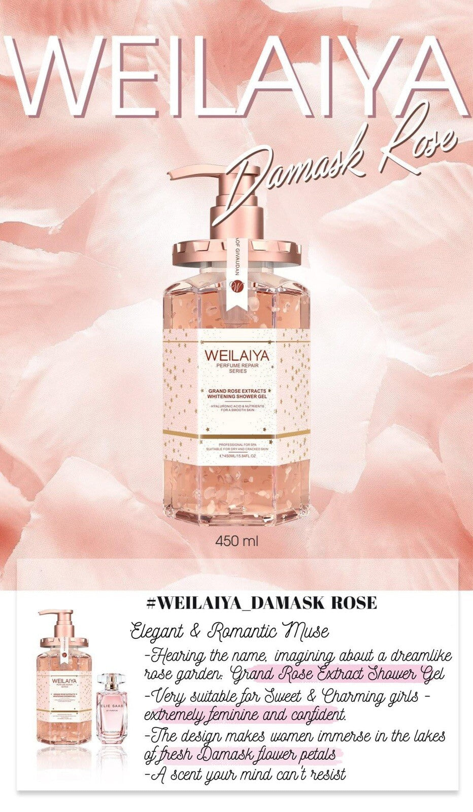Damask Rose Extract Shower Gel 450mL - Luxurious Whitening & Fragrance