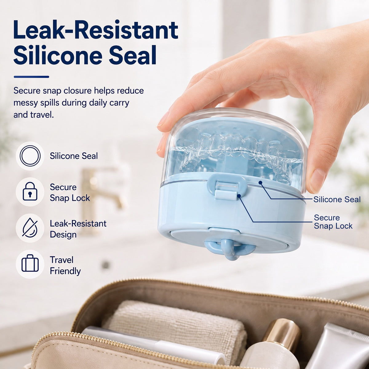 3-in-1 Denture Cleaner Case with Mirror & Cleaning Tools - Portable Leak-Proof Storage