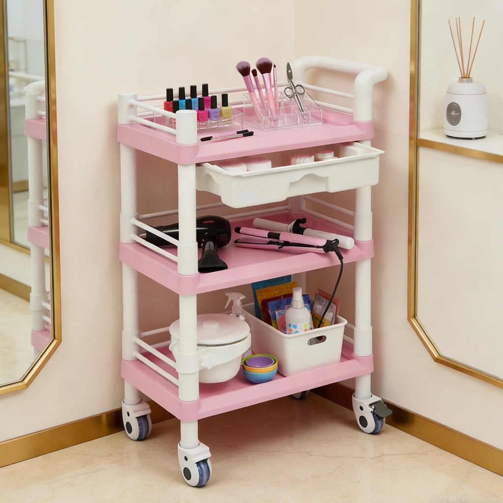 Salon Trolley Cart with 3 Tiers, Drawer & Waste Bin - Rolling Spa Organizer