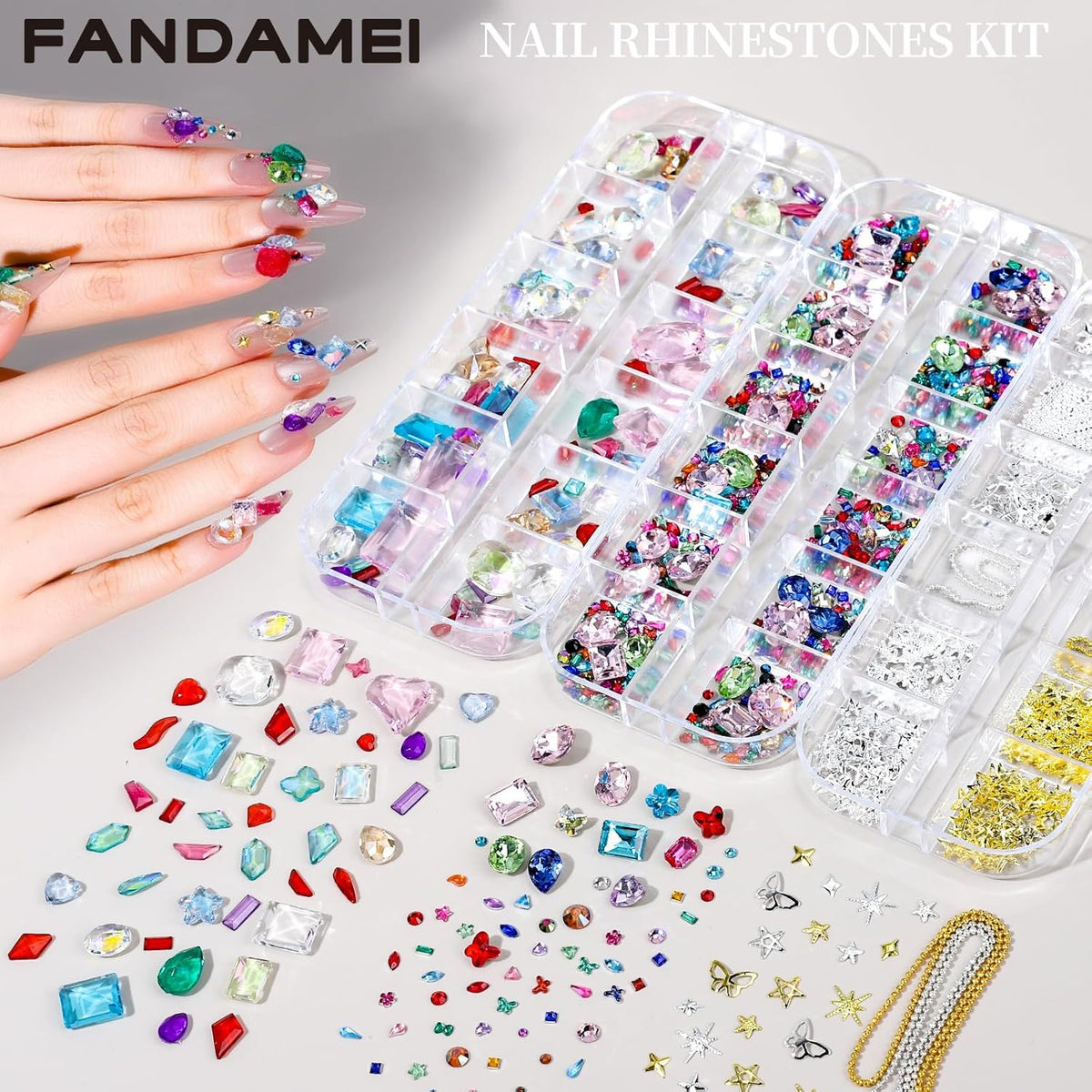 Colorful Nail Rhinestones & Charms Kit - 3-Box Nail Art Accessories with Tools