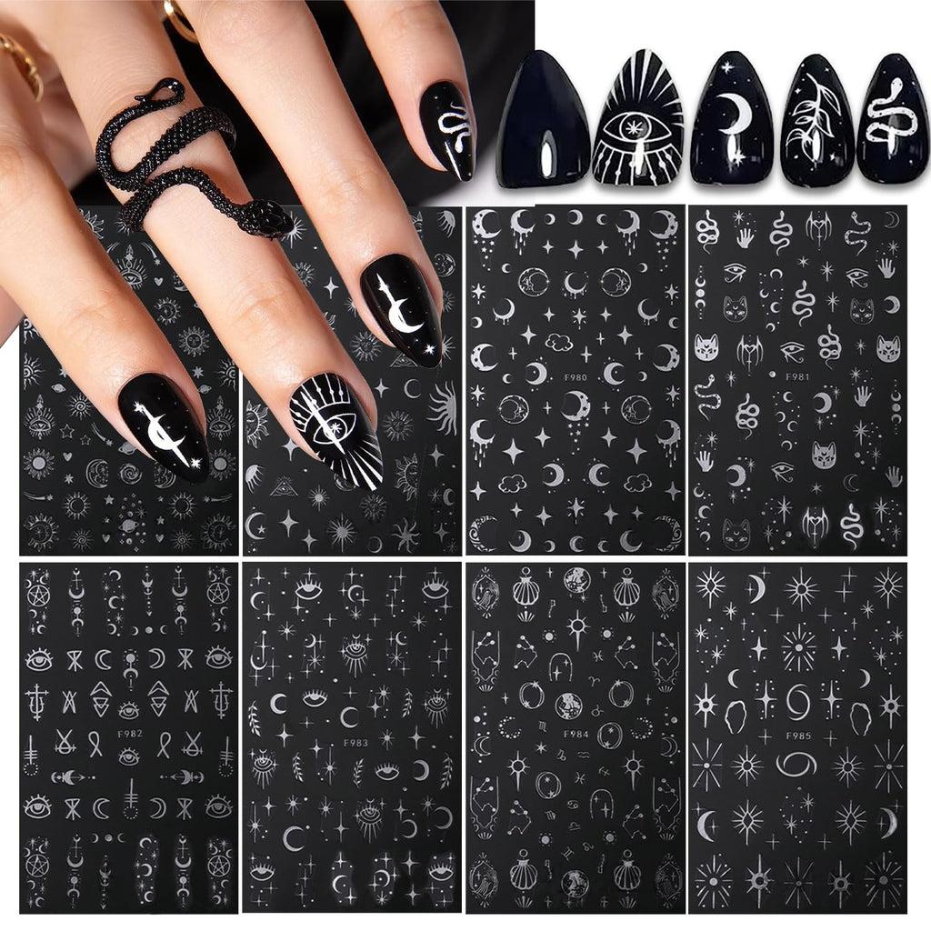 Metallic Nail Art Stickers Decals Silver Moon Sun Star 8 Sheets