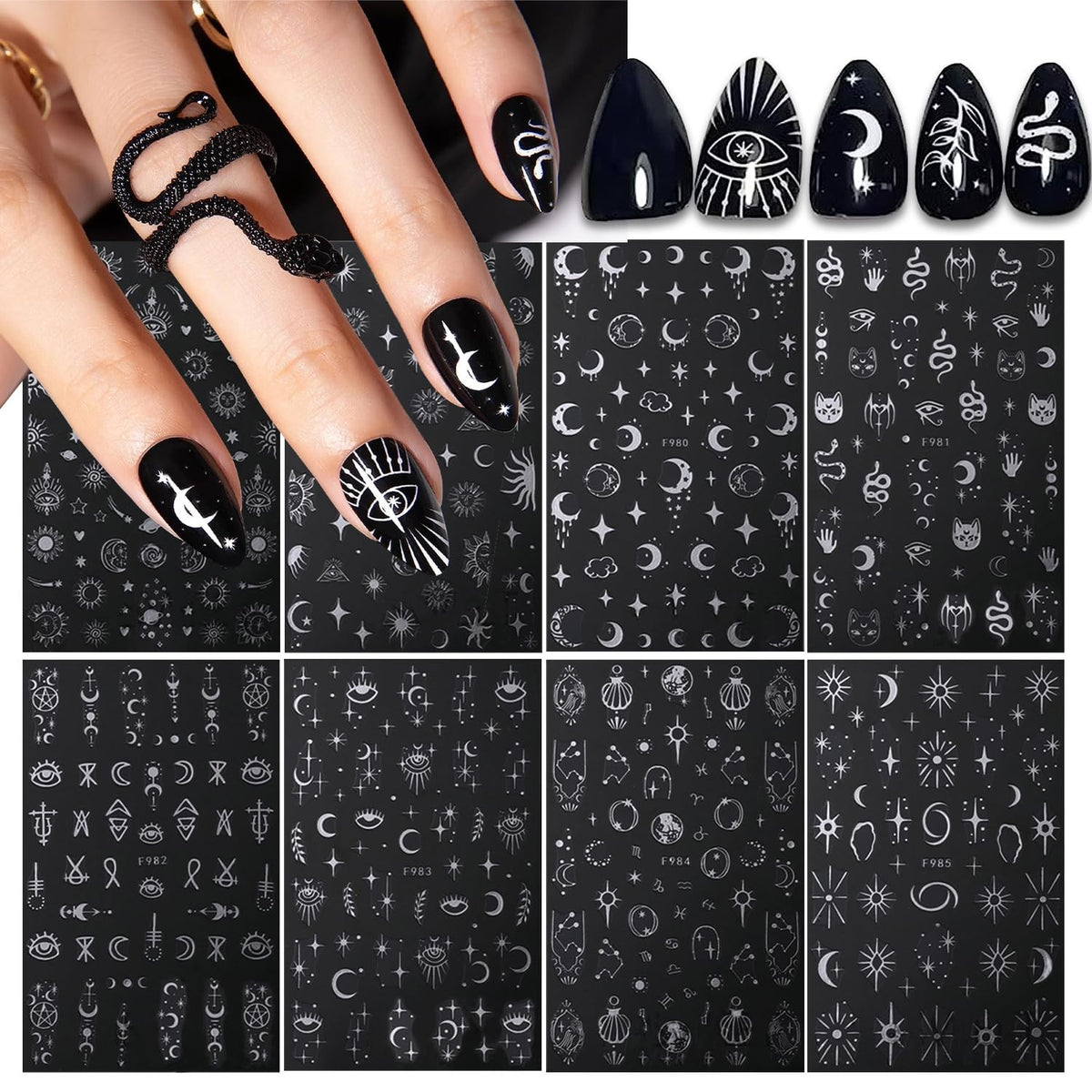 Metallic Nail Art Stickers Decals Silver Moon Sun Star 8 Sheets
