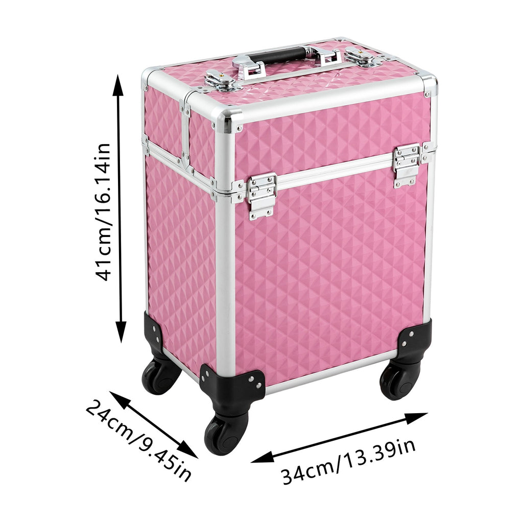 Portable Pink Makeup Train Case with Wheels - Cosmetic Storage Organizer