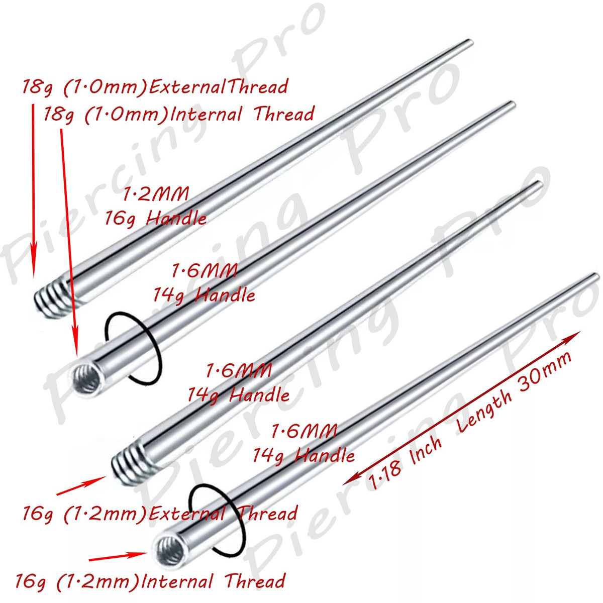 Titanium Piercing Taper Insertion Pins - 4 Pack, 1.0mm-1.6mm Internal/External Threaded