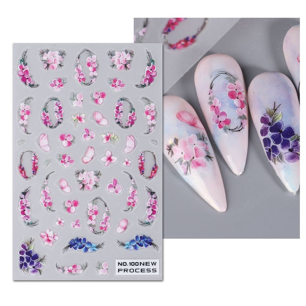 Pink Blue Floral Wreath Nail Stickers Petal Flower Cluster with Butterfly - Self-Adhesive Decals