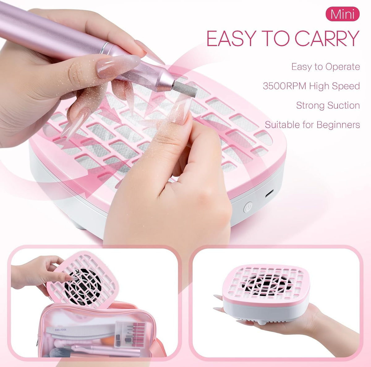 Pink Nail Dust Collector with 10 Filter Pads for Nail Art Beginners