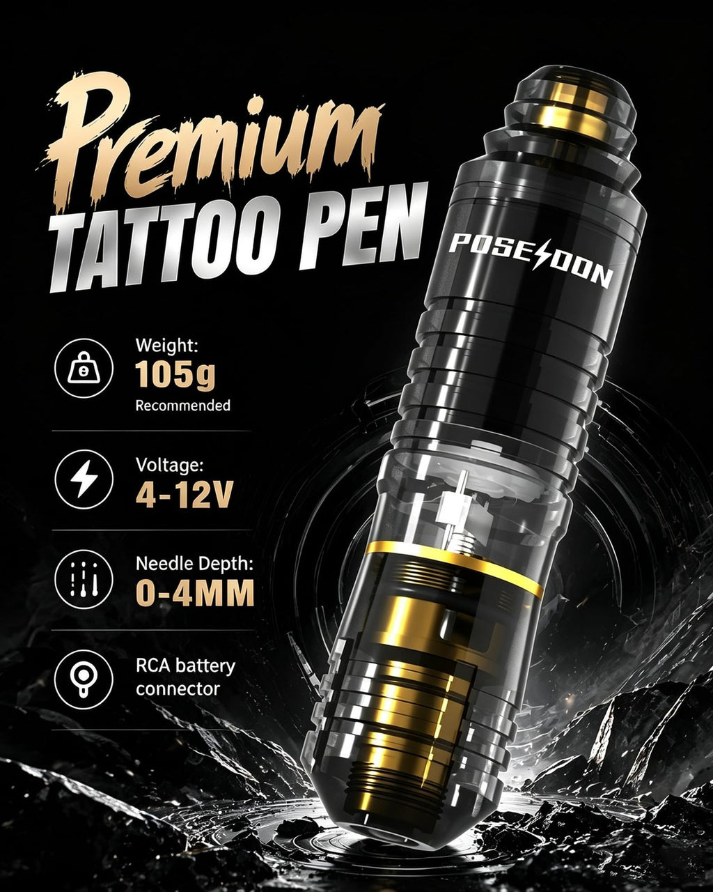 Poseidon Wireless Tattoo Pen Kit with 2 Batteries for Beginners