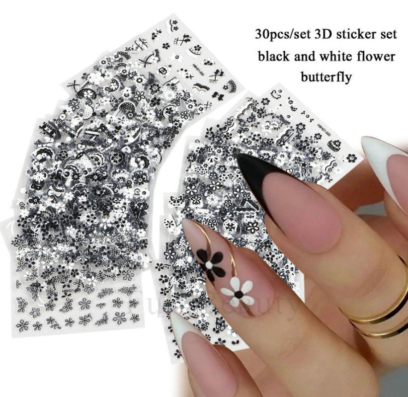 30 Sheets 3D Flower Nail Art Stickers for Manicure Decor - Assorted Styles