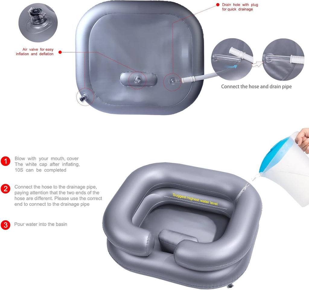 Inflatable Hair Washing Basin with Drain Tube - Portable Silver