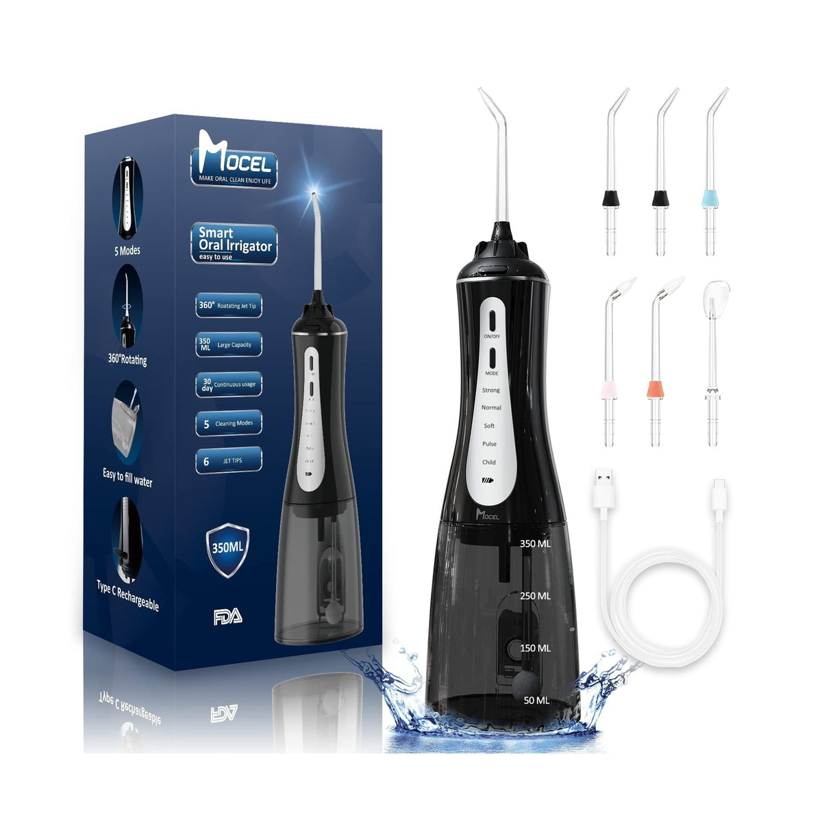 Cordless Water Dental Flosser with 5 Modes and 6 Nozzles - 350ml Portable Oral Irrigator for Teeth & Gum Care