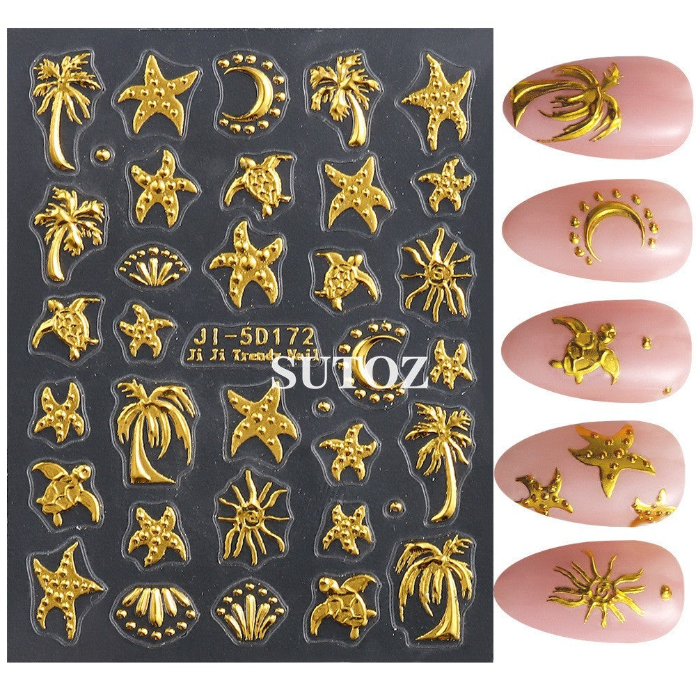 Gold Ocean Starfish Turtle Sun Palm Tree 5D Nail Stickers Embossed Decal