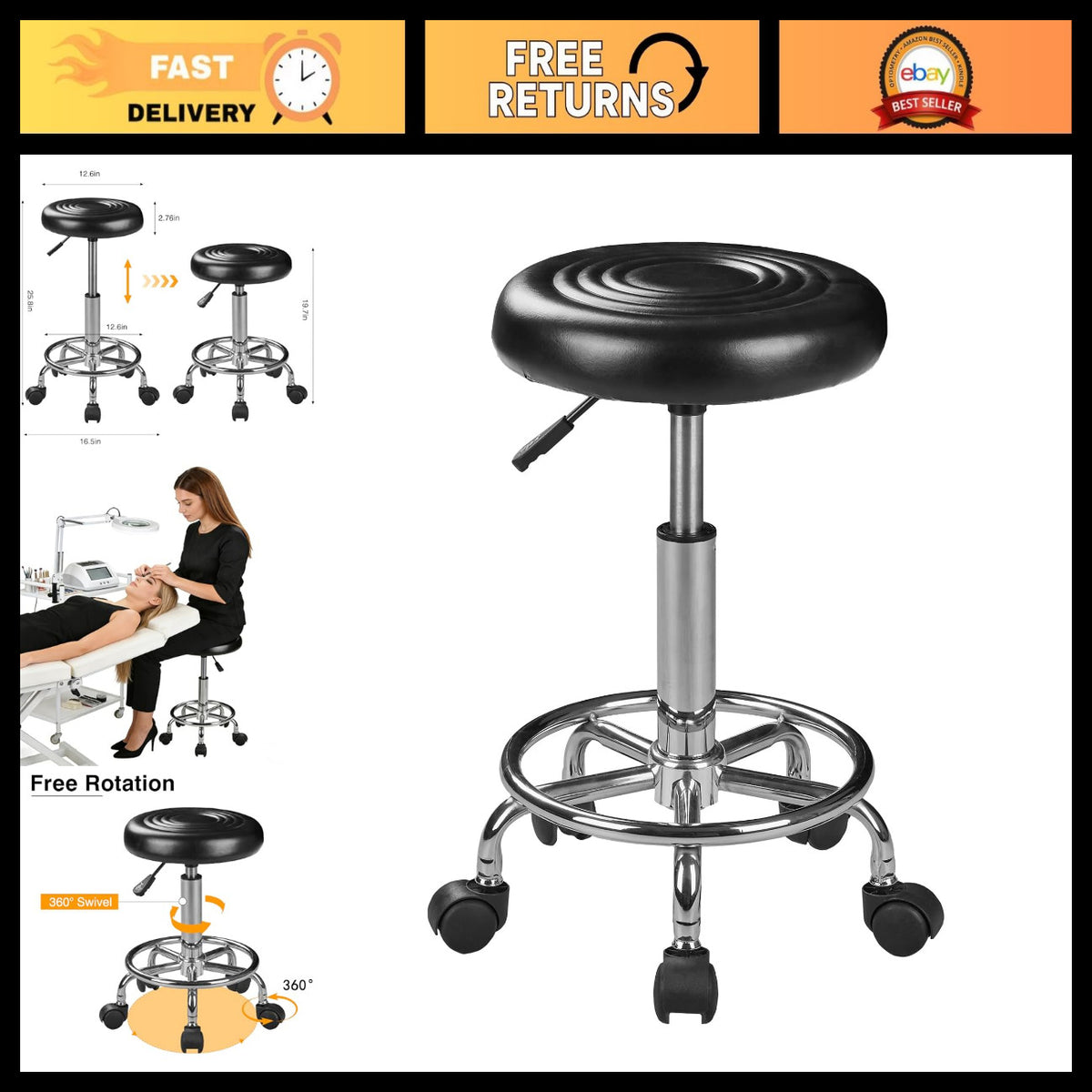 Adjustable Salon Stool with Footrest - Backless, Black, Comfortable & Sturdy