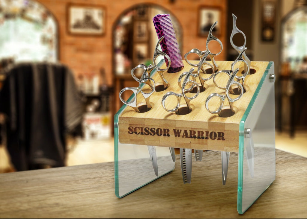 Salon Hair Shears Holder Bamboo Glass Organizer for Barber & Stylist Stations