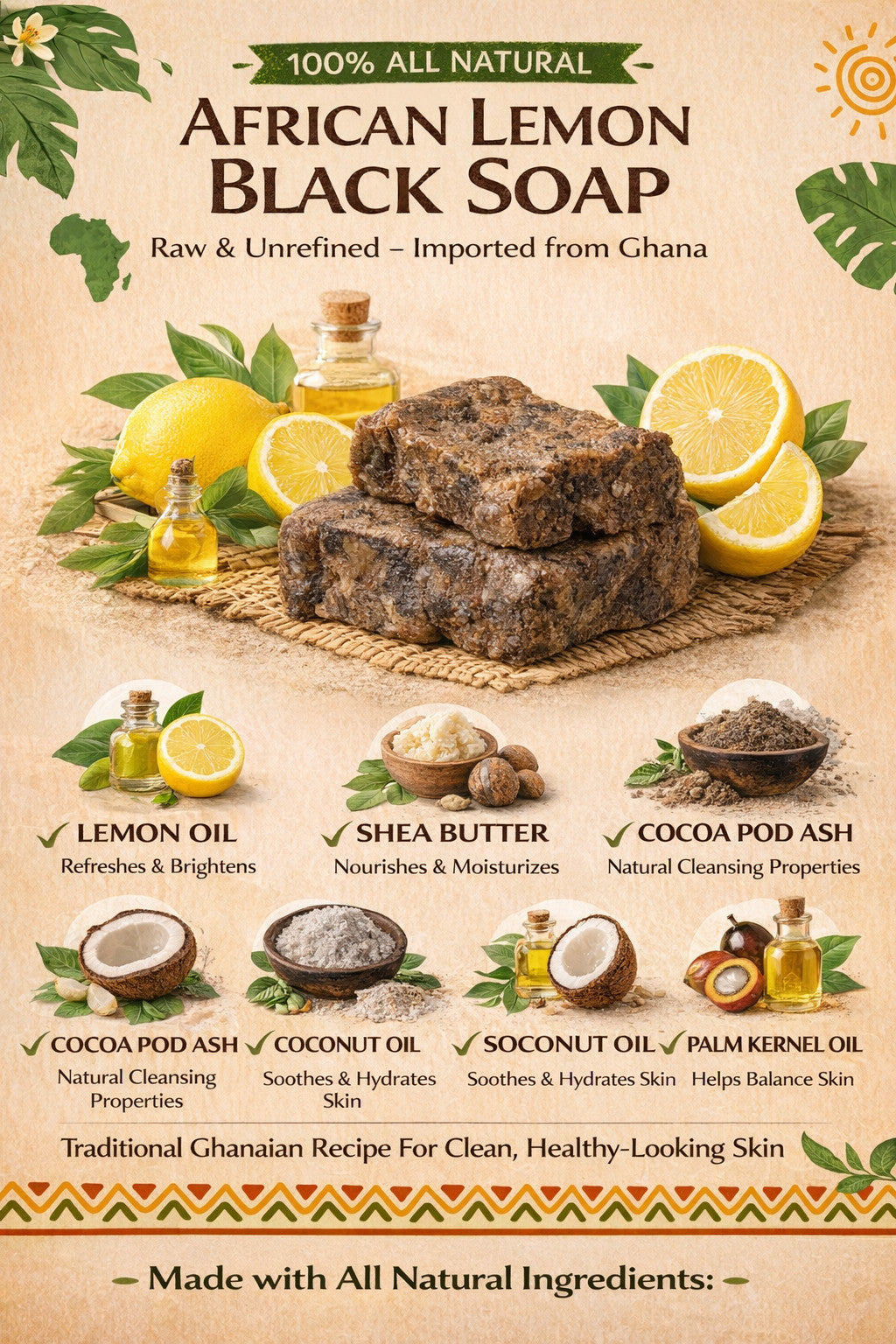 Organic African Black Soap Bar - Natural Ghana Handmade Cleansing for Face & Body