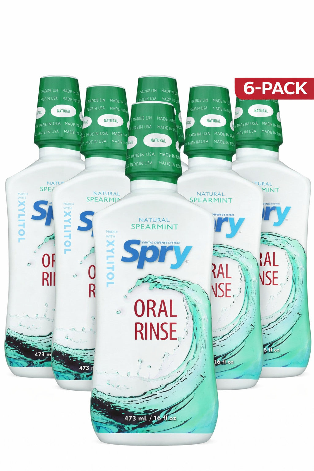 Natural Spearmint Mouthwash with Xylitol - 16 fl oz, Pack of 6 | Oral Rinse for Fresh Breath & Gum Health