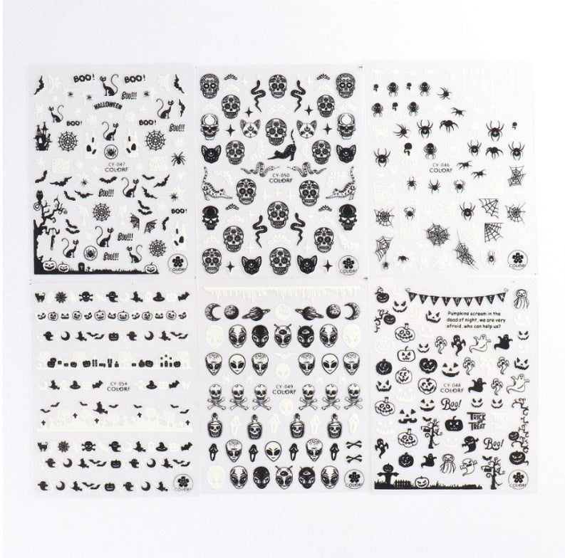 Glow-in-The-Dark Halloween Nail Stickers - Skull Ghost Pumpkin Spider Web Bat 6 Pack