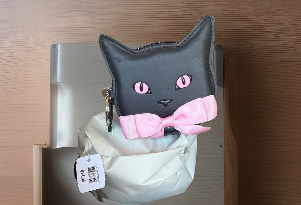 Halloween Black Cat Pink Bow Coin Purse Keychain - Summerween Accessory