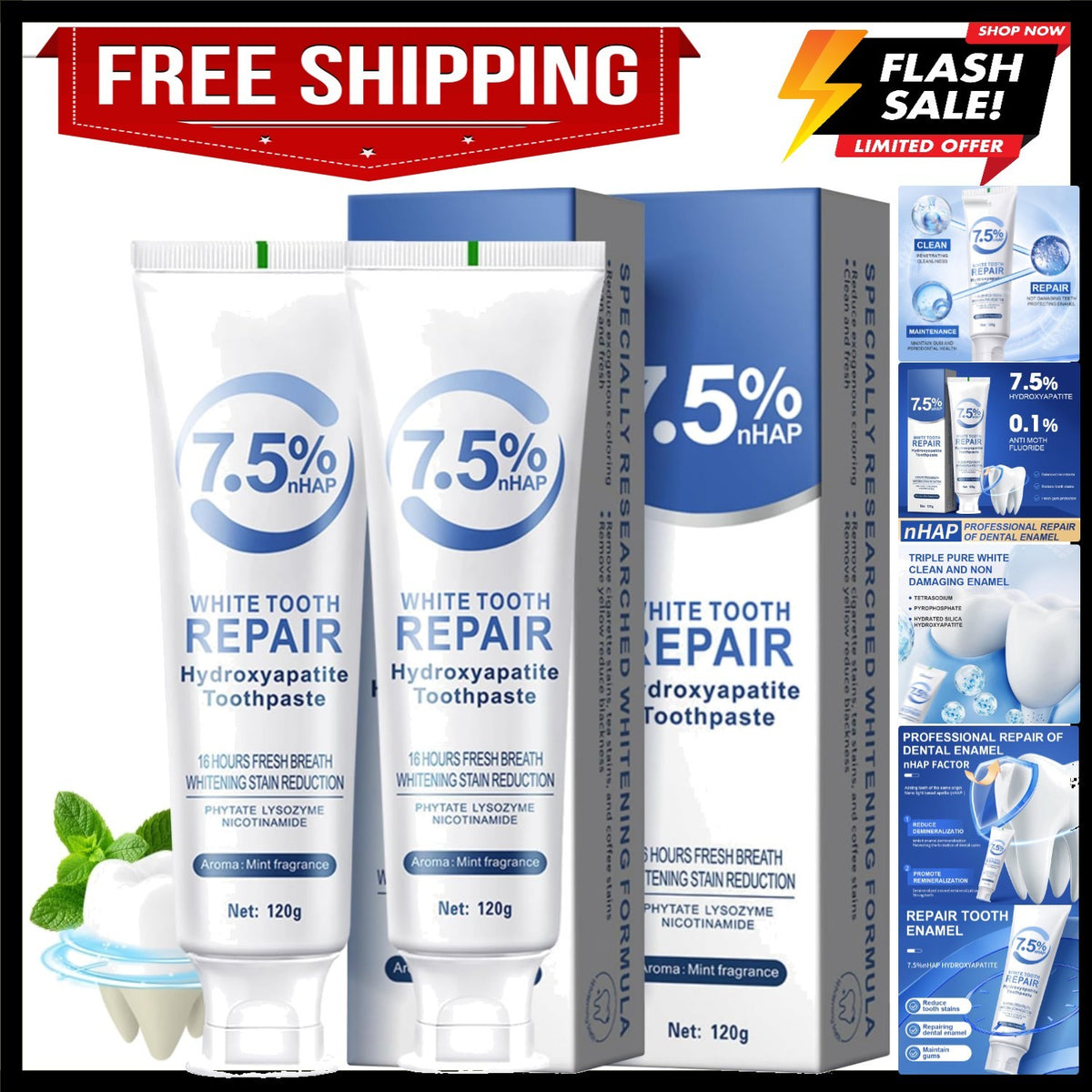 Nano-Hydroxyapatite Toothpaste Mint 7.5% nHAP Fluoride-Free Sensitivity Relief